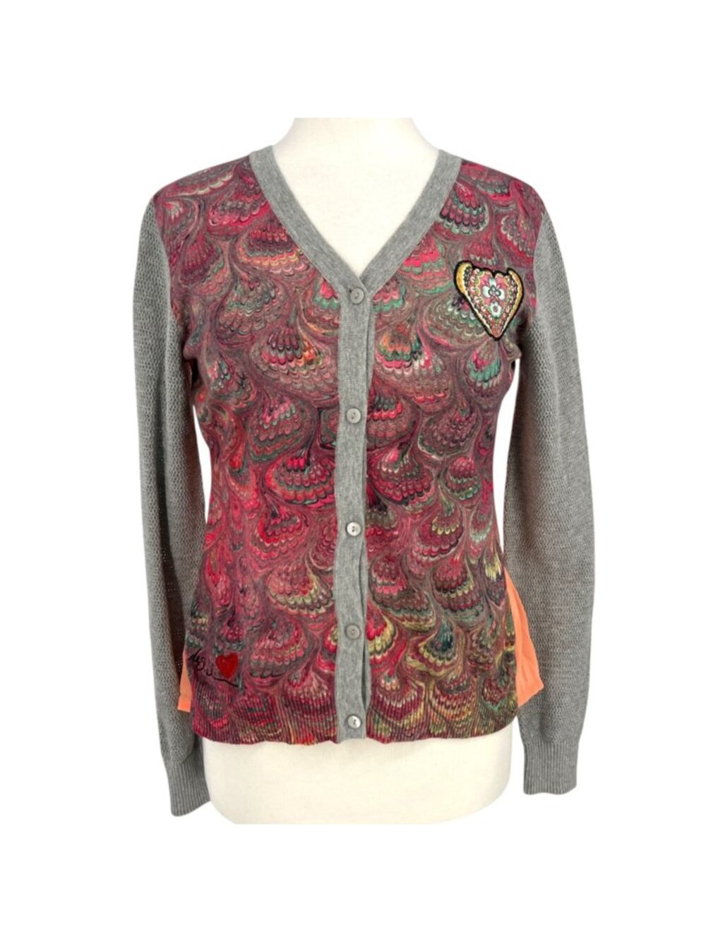 Desigual Artsy Eclectic Cardigan Heart Accent Sweater Sheer Back Size Medium